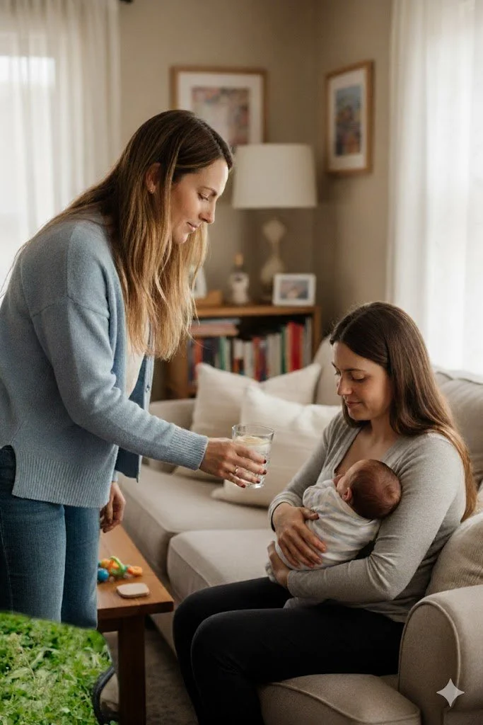 Una donna con una tazza si avvicina a una madre che tiene un neonato in braccio in un soggiorno accogliente.