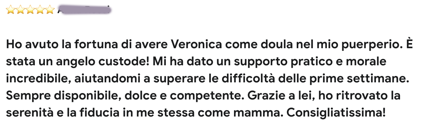 Recensione a 5 stelle di Veronica con testo di raccomandazione per il supporto e l'ispirazione durante le prime settimane di maternità.