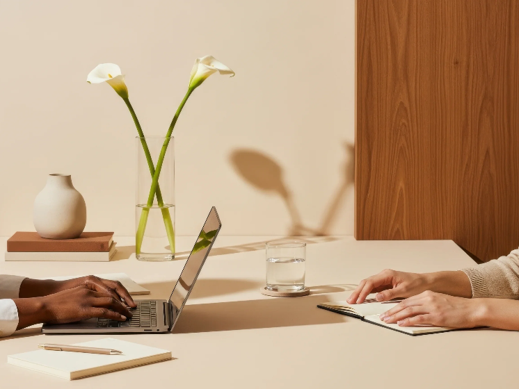 Deux personnes en réunion de travail, utilisant un ordinateur portable et prenant des notes, avec un vase de fleurs blanches, un verre d'eau, une petite vase beige et un livre en arrière-plan.