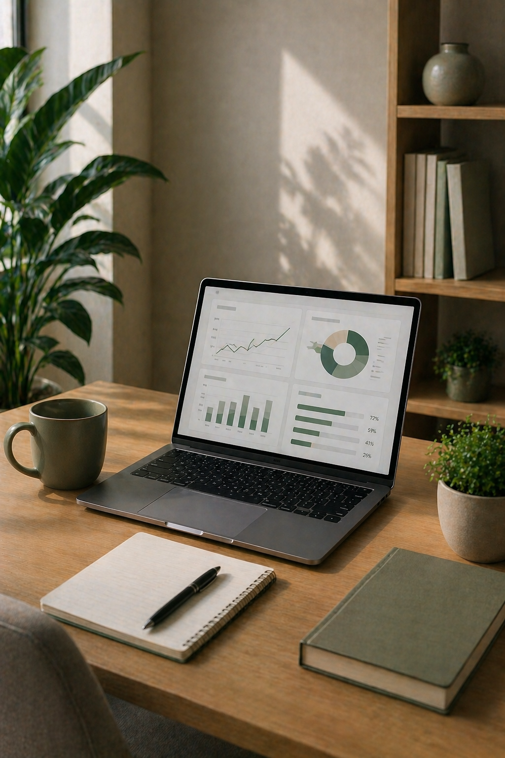 Un bureau avec un ordinateur portable affichant des graphiques et des tableaux, un cahier, un stylo, un mug, et deux livres, avec des plantes et une étagère en bois en arrière-plan.