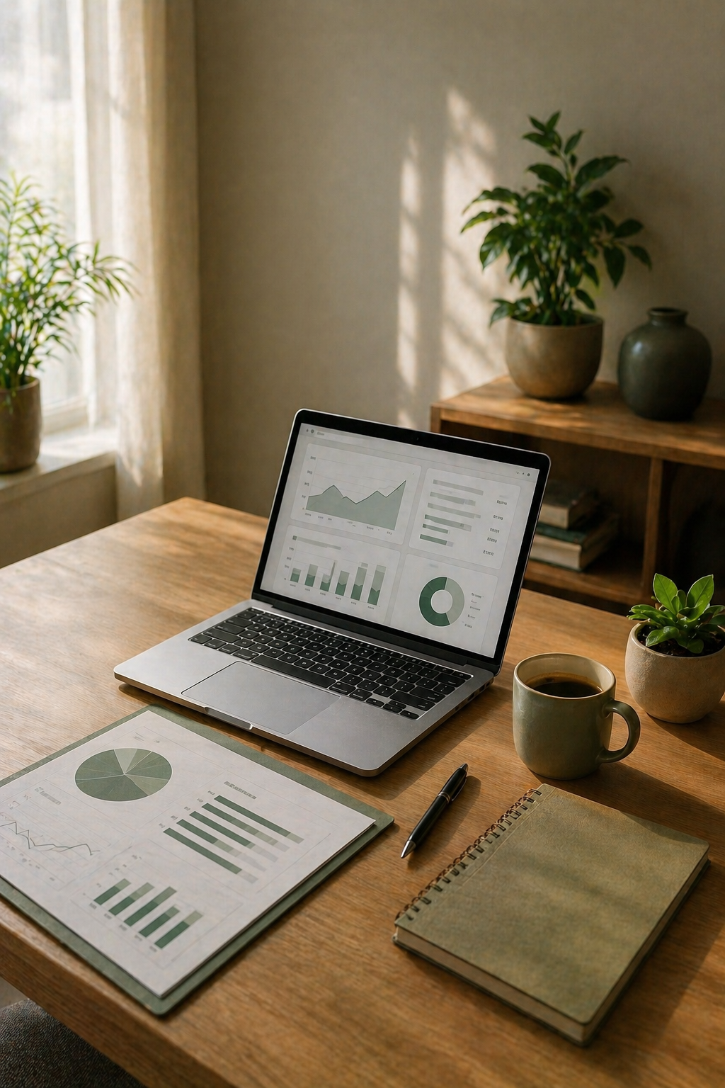 Bureau avec un ordinateur portable montrant des graphiques, des notes, une tasse de café et des plantes en pot sous une lumière naturelle.