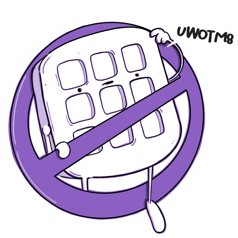 A cartoon waffle looking confused scratching it's head, sitting in a stop sign with a speech bubble that says "NO THX".