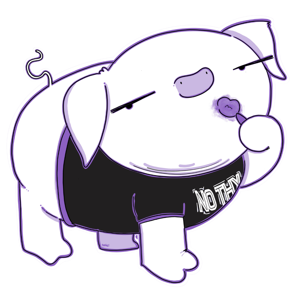 A cartoon pig applying lipstick, wearing a t-shirt that says "NO THX".