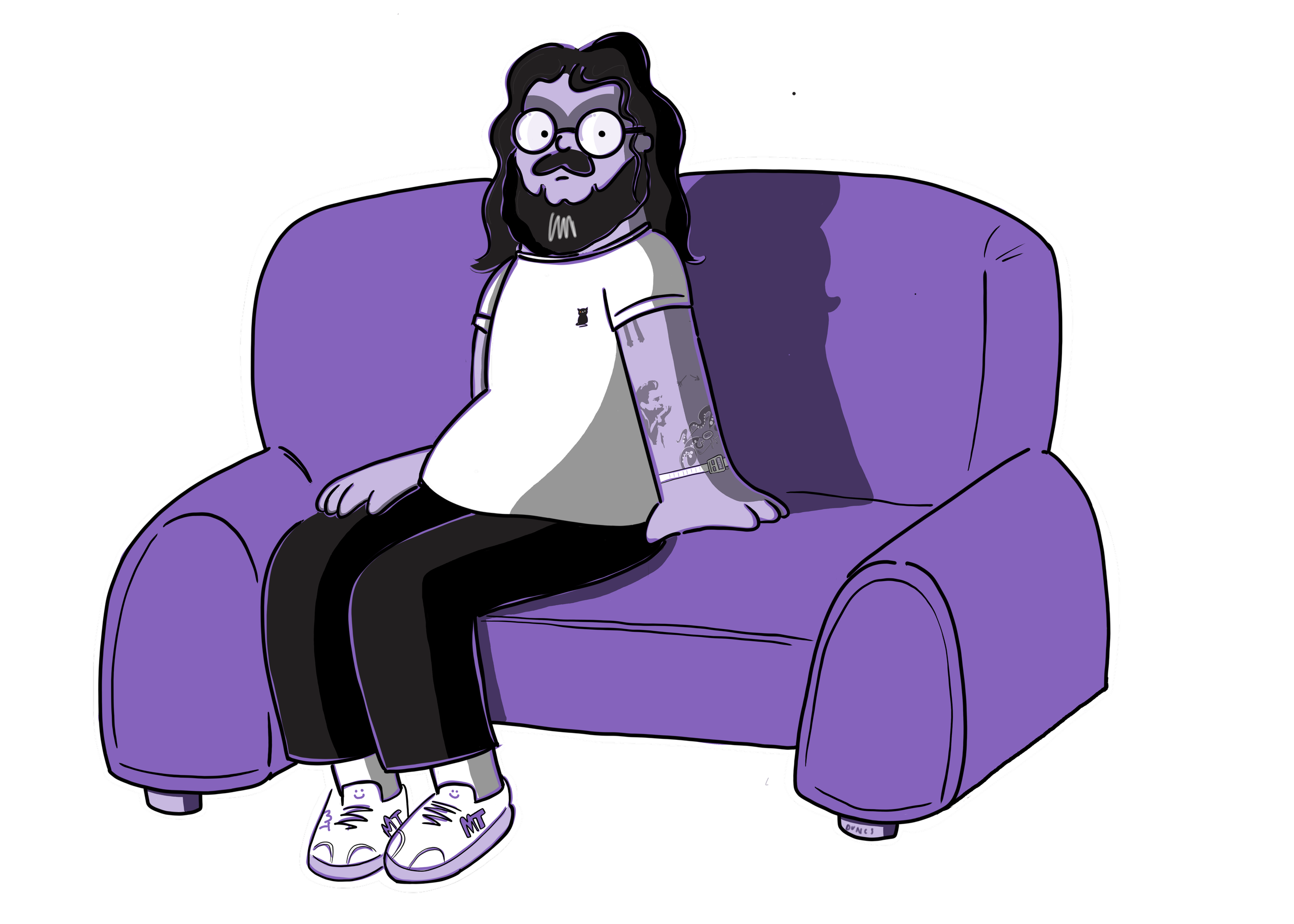 A cartoon of Duncs sitting on the sofa, in the style of The Simpsons, patting a space next to him.