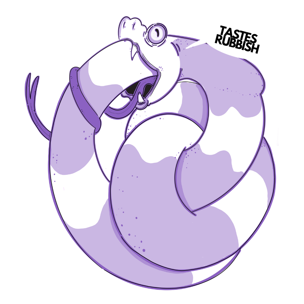 A cartoon snake eating it's own tail, with a speech bubble saying "Tastes rubbish!"