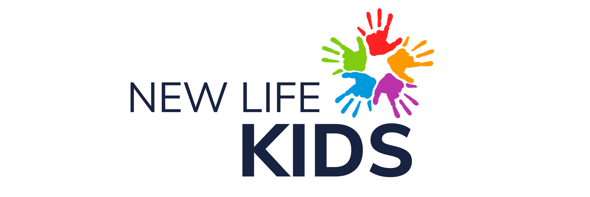 Logo for New Life Kids featuring colorful handprints and the text 'NEW LIFE KIDS'.