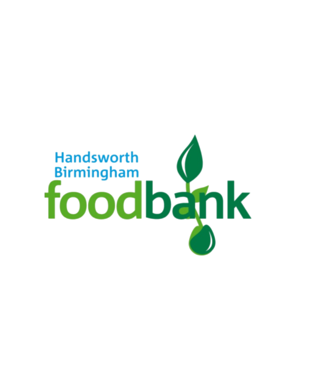 The logo features the word 'foodbank' in green with a leaf design, and the words 'Handsworth Birmingham' in smaller blue text above it.