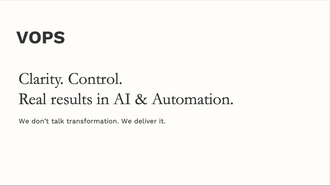 VOPS logo and text on a white background, emphasizing clarity, control, AI, and automation, with a tagline about delivering transformation.