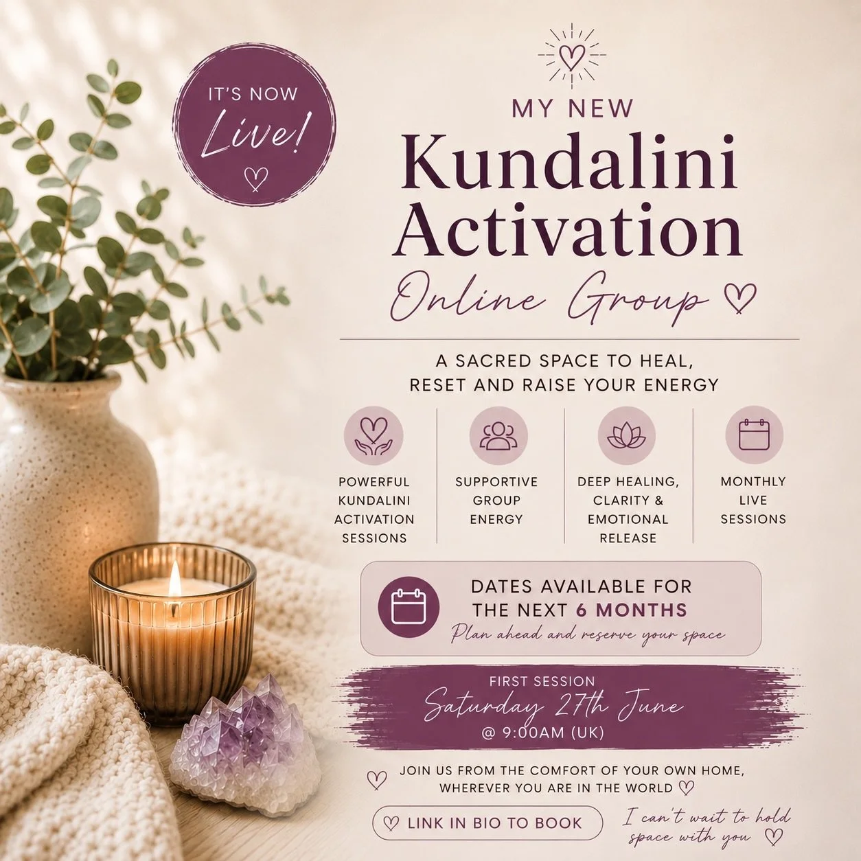 }
✨ ONLINE KUNDALINI ACTIVATION GROUP ✨

I&rsquo;m so excited to finally share that my new monthly Online Kundalini Activation Group is now open for booking ❤️

This space has been created for those who would love to experience Kundalini Activation f