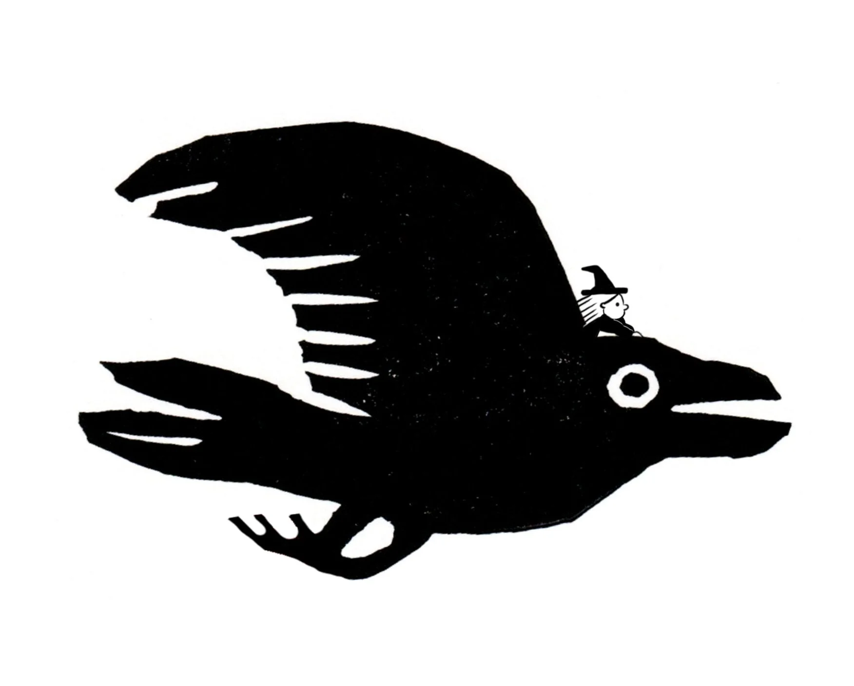 Black silhouette of a bird with a wizard sitting on its back, wearing a pointed hat.