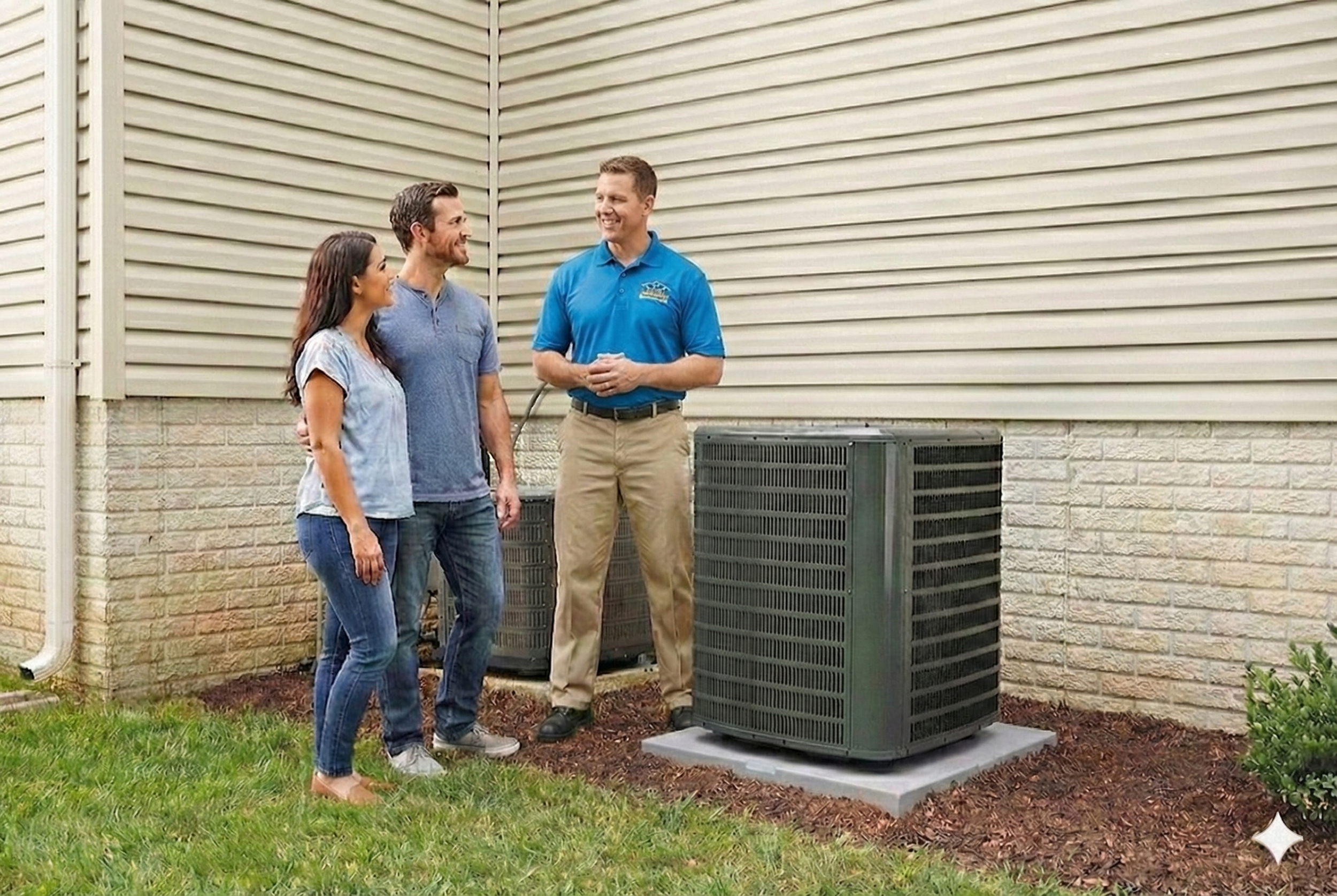 A couple and a technician standing outside near an HVAC unit on a concrete pad, talking with each other.