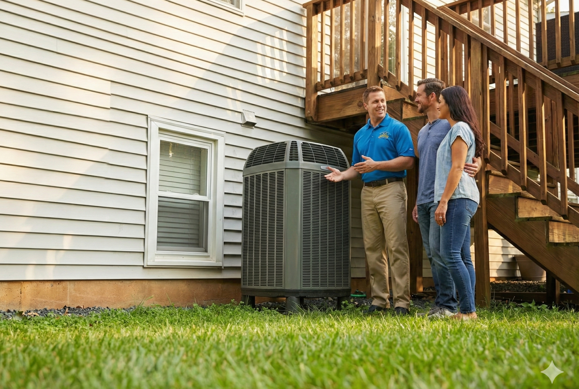 A man in a blue shirt showing a couple the outdoor air conditioning unit next to a house with white siding and a wooden deck.