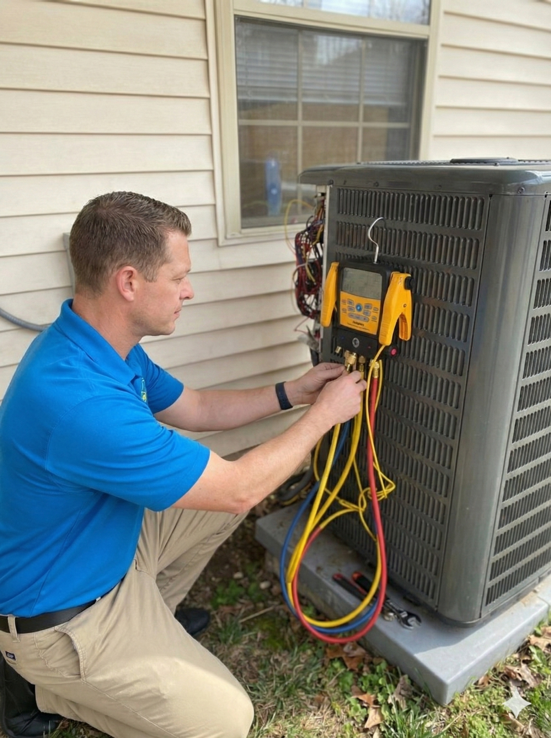 Technician working on an HVAC unit outside a house, using a digital multimeter to check electrical connections.