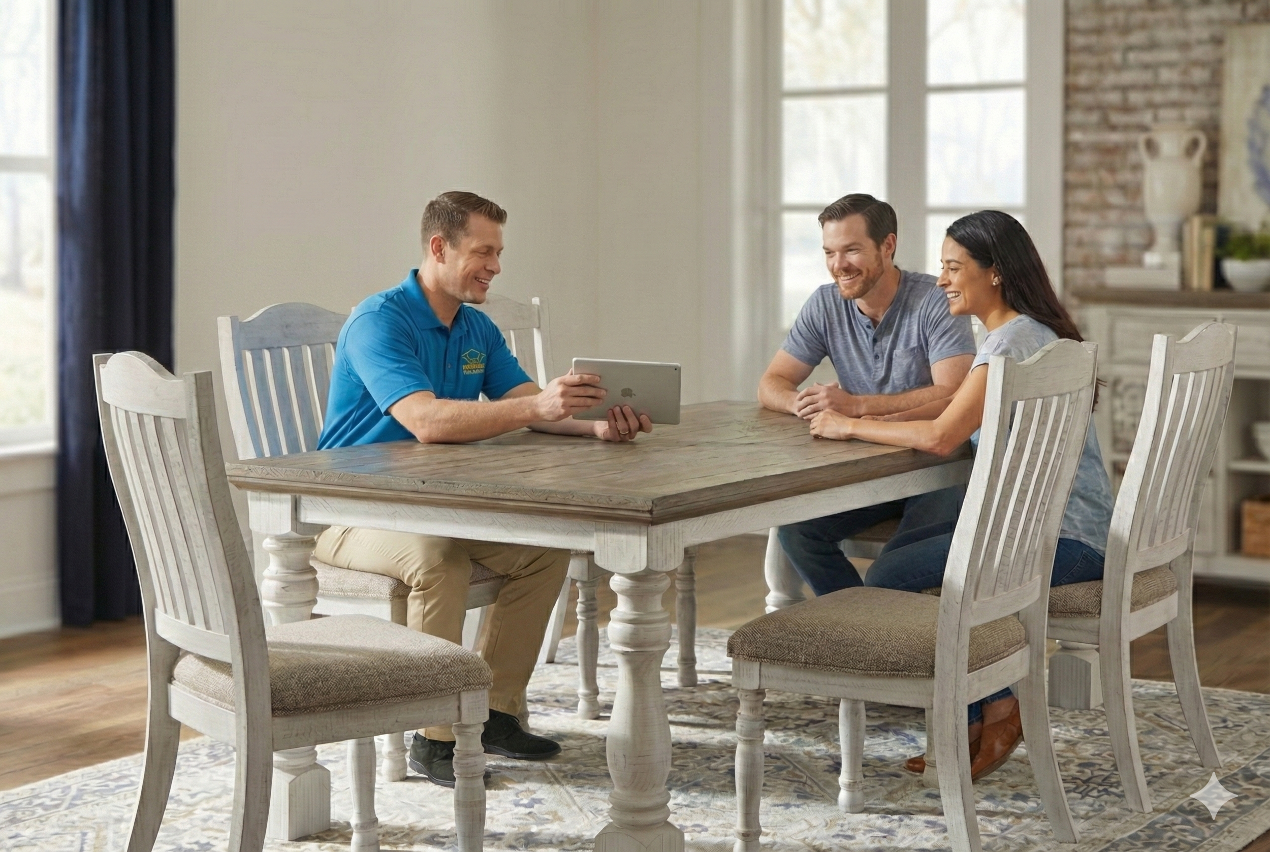 A man and woman sitting at a dining table smiling while a man showing a graphic on a tablet.
