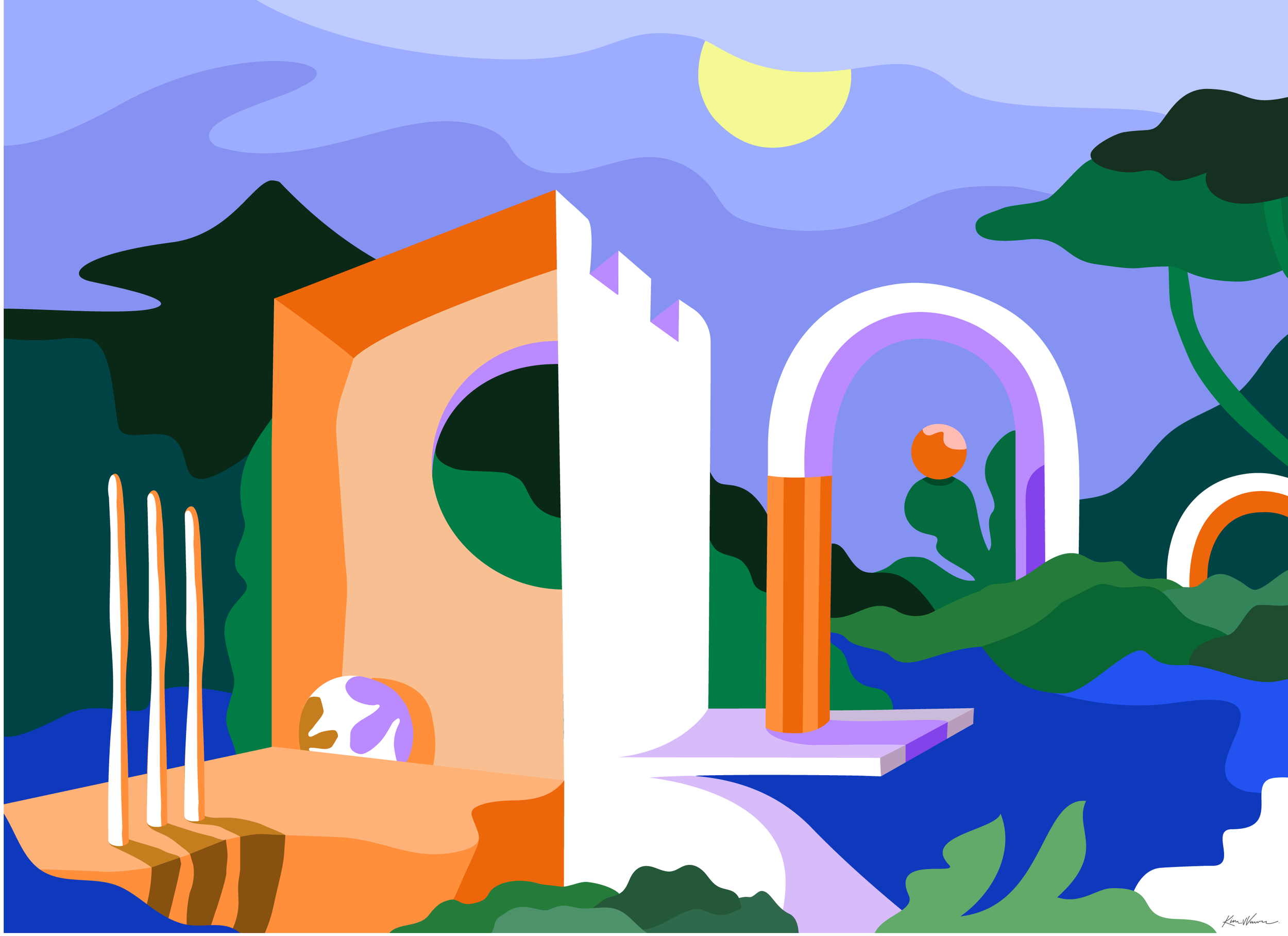 Abstract landscape with a river, trees, and arches at night under a yellow moon, featuring stylized shapes and vibrant colors.