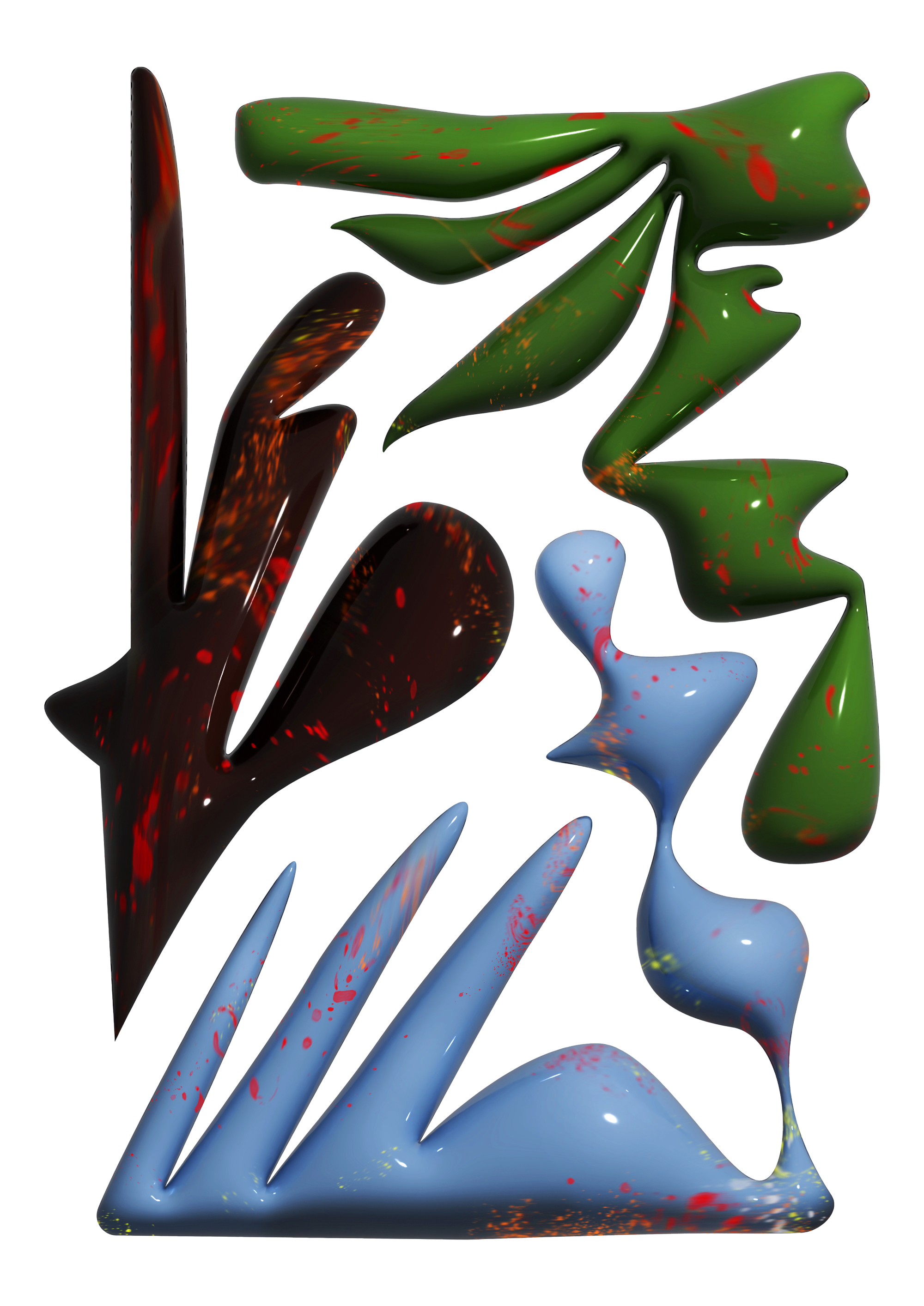 Abstract 3D sculpture with multicolored, glossy, organic shapes resembling splattered paint in red, green, blue, and black on a transparent background.