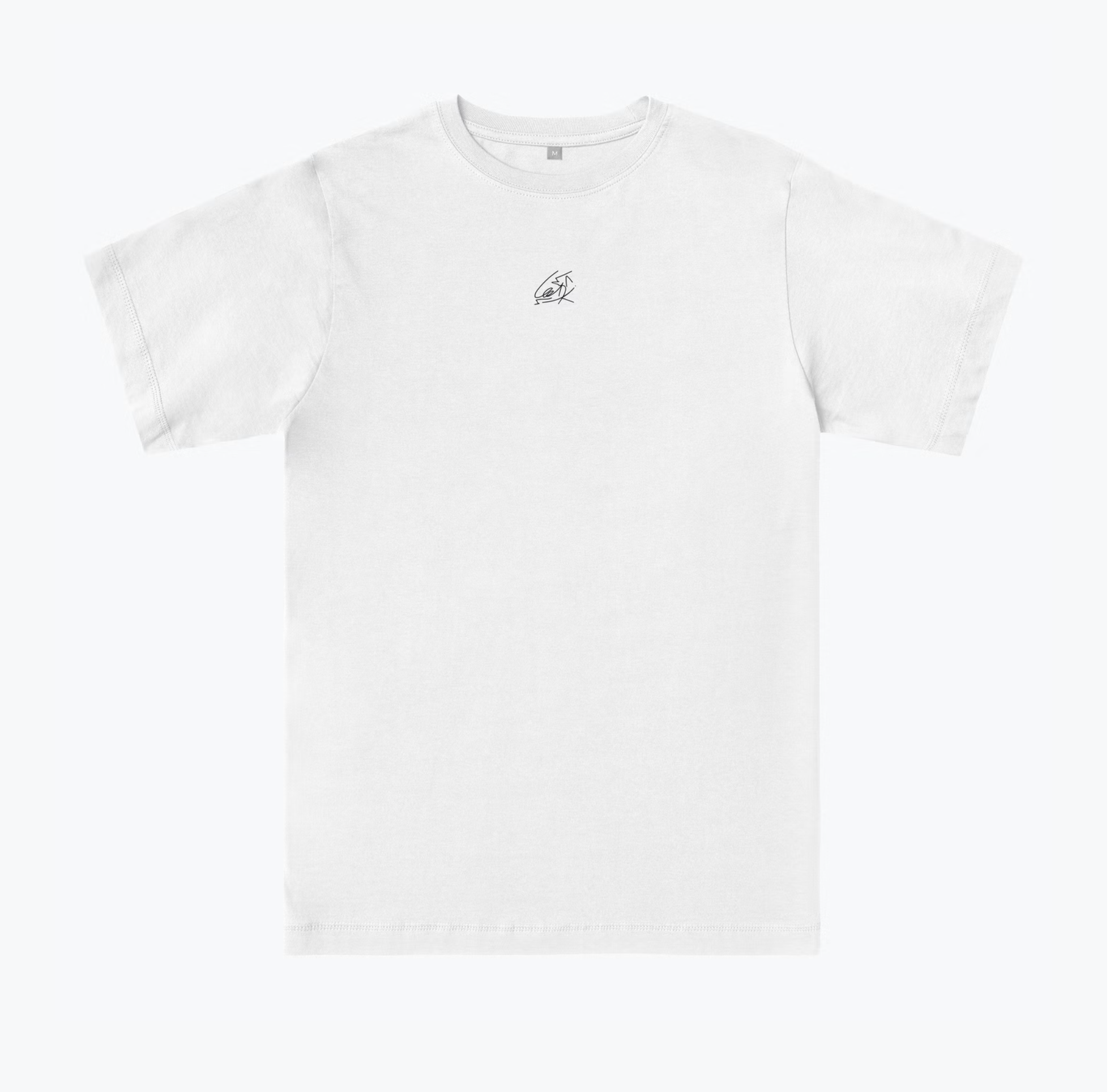 White T-shirt with small black graphic on chest.
