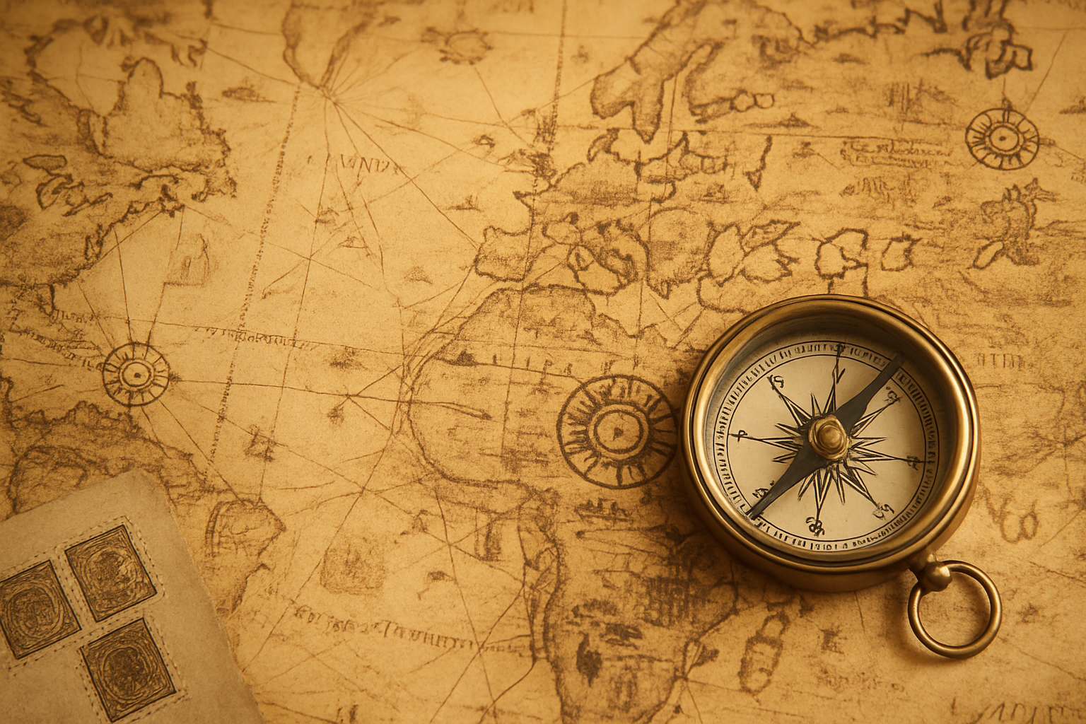 An antique compass resting on an old, parchment-style map showing parts of Europe and North America with marked compass circles and faint outlines of regions.