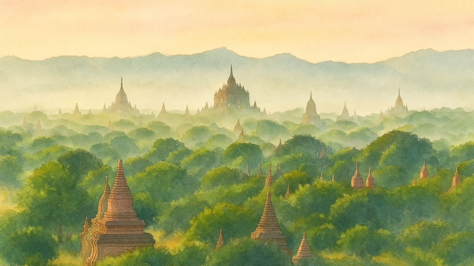 A watercolor painting of numerous ancient temples with pointed spires scattered among green, lush trees, set against a hazy mountain range in the background.