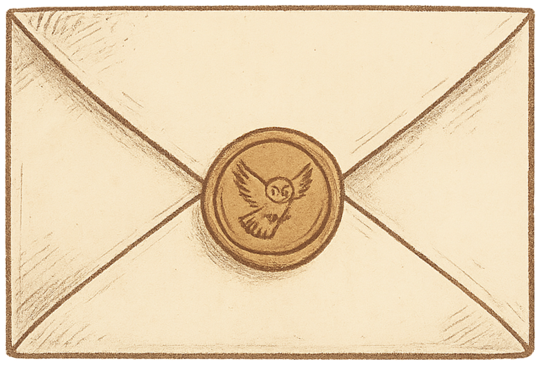 An envelope with a wax seal featuring a drawing of a dove with an olive branch in its beak.