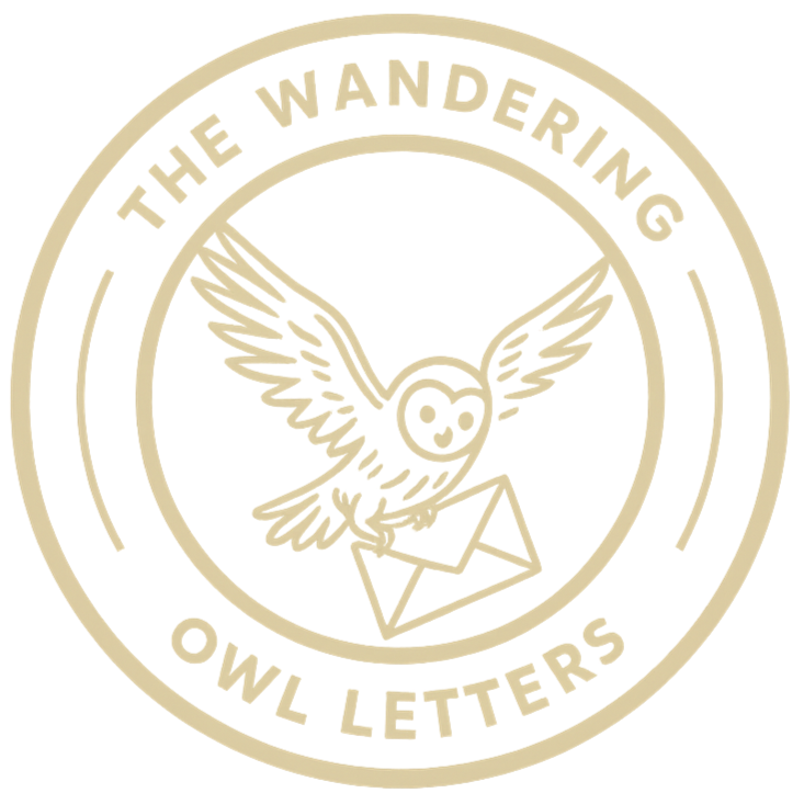 A circular logo with the text 'The Wandering Owl Letters' around the edge, featuring an owl with spread wings holding an envelope in its talons.