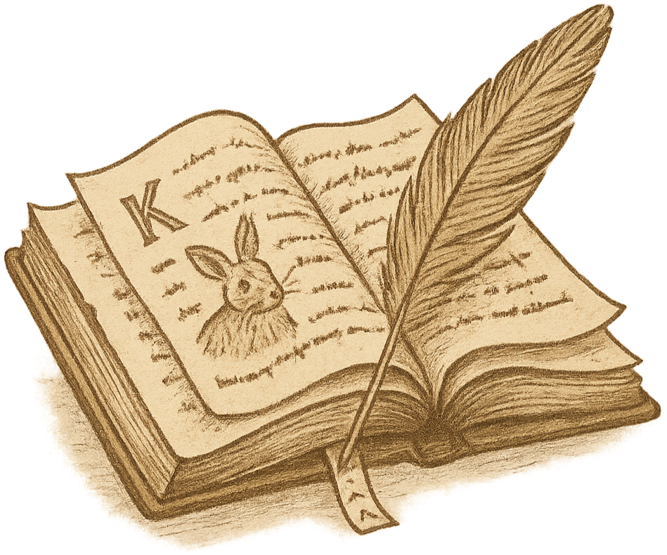A sketch of an open book with a feather quill pen. One page features a drawing of a rabbit and the letter 'K' at the top.