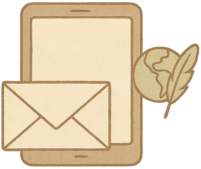 A smartphone with a blank screen, an envelope icon, and a globe with a quill feather, representing communication or messaging.