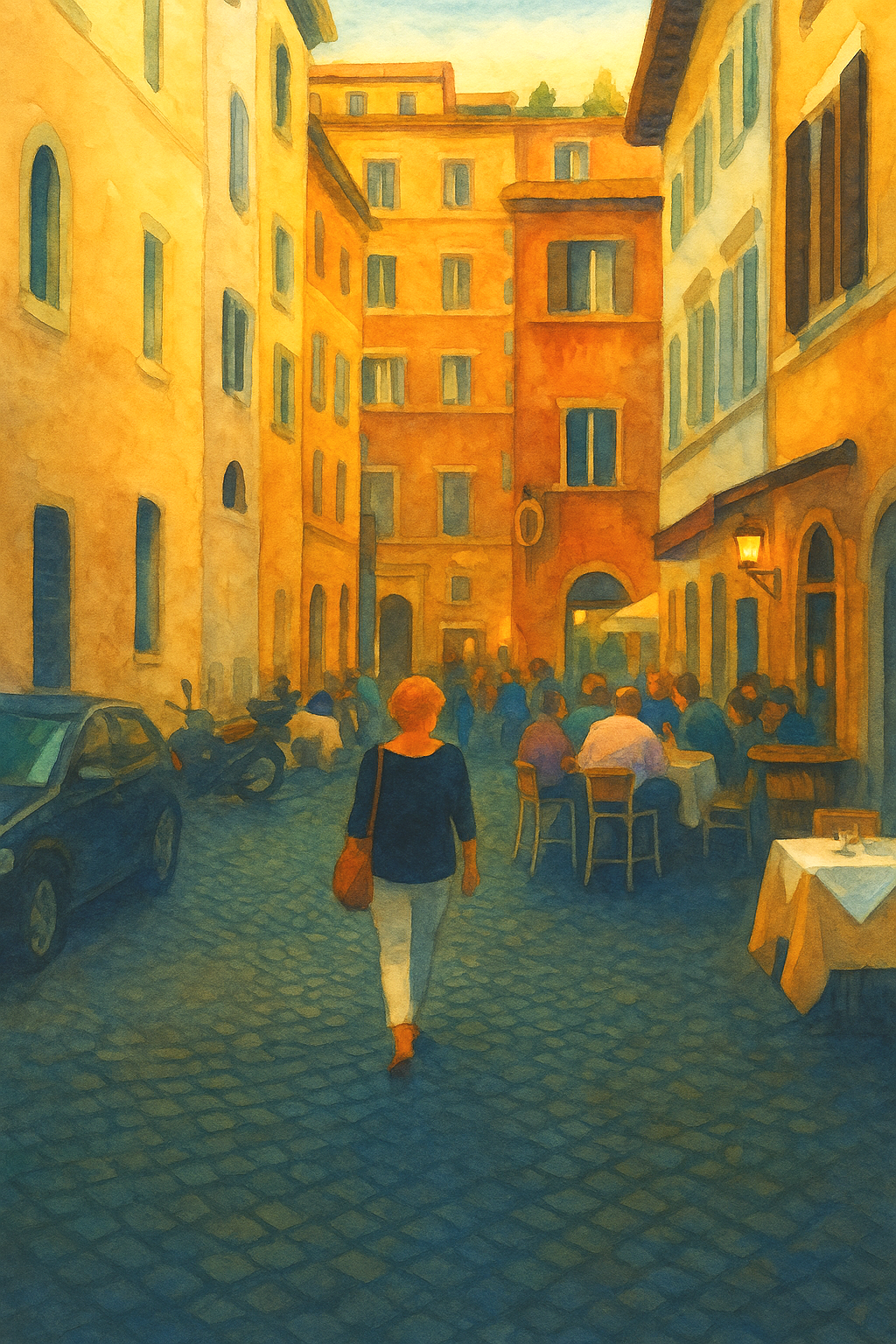 A woman with red hair and a blue jacket walks down a cobblestone street in a European city at sunset. Buildings with colorful facades and multiple people gathered at outdoor tables are visible.