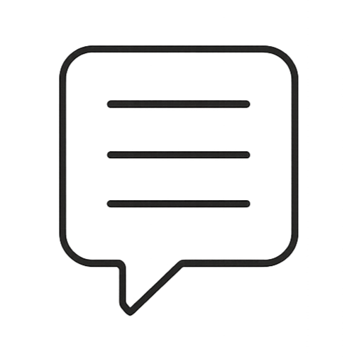 Bild av en pratbubbla med tre horisontella linjer, symbol för ett chat- eller meddelandesystem, på en svart bakgrund.