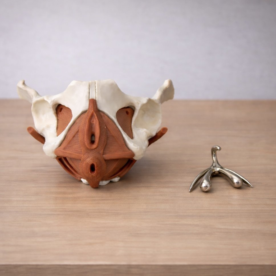 Modell av bäckenbotten med bäckenbottenmuskulatur och silvrig klitoris på sexolog och fysioterapeut Karolin Haglunds mottagning