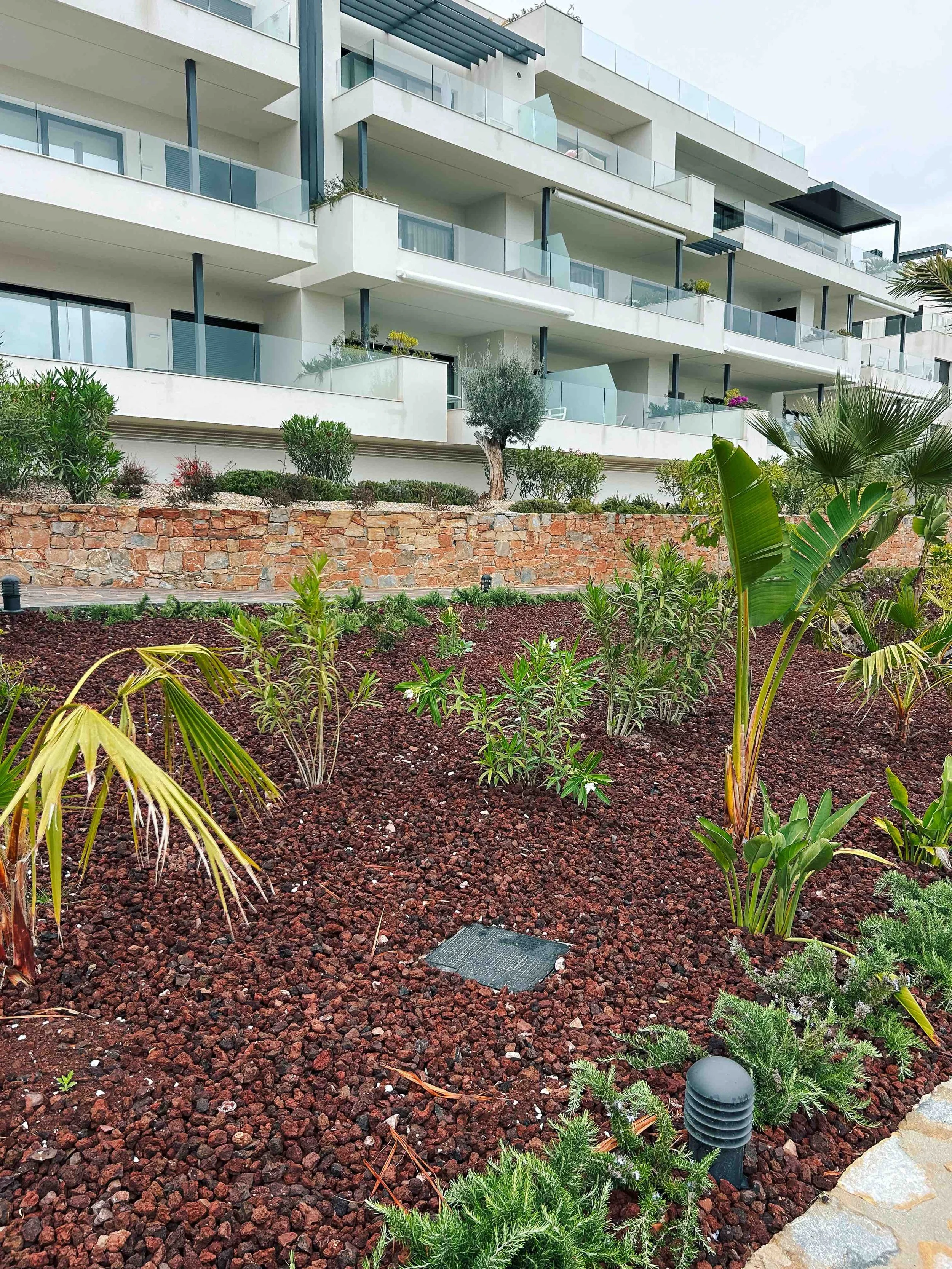 Jardín con plantas diversas frente a un edificio moderno con balcones de vidrio.