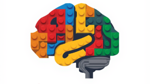 Illustration of a human brain made from colorful LEGO bricks with a speedometer gauge.