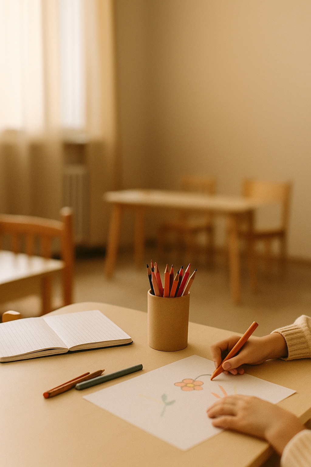 A child is drawing flowers with colored pencils at a table in an educational setting. The school environment motivates children to be creative.