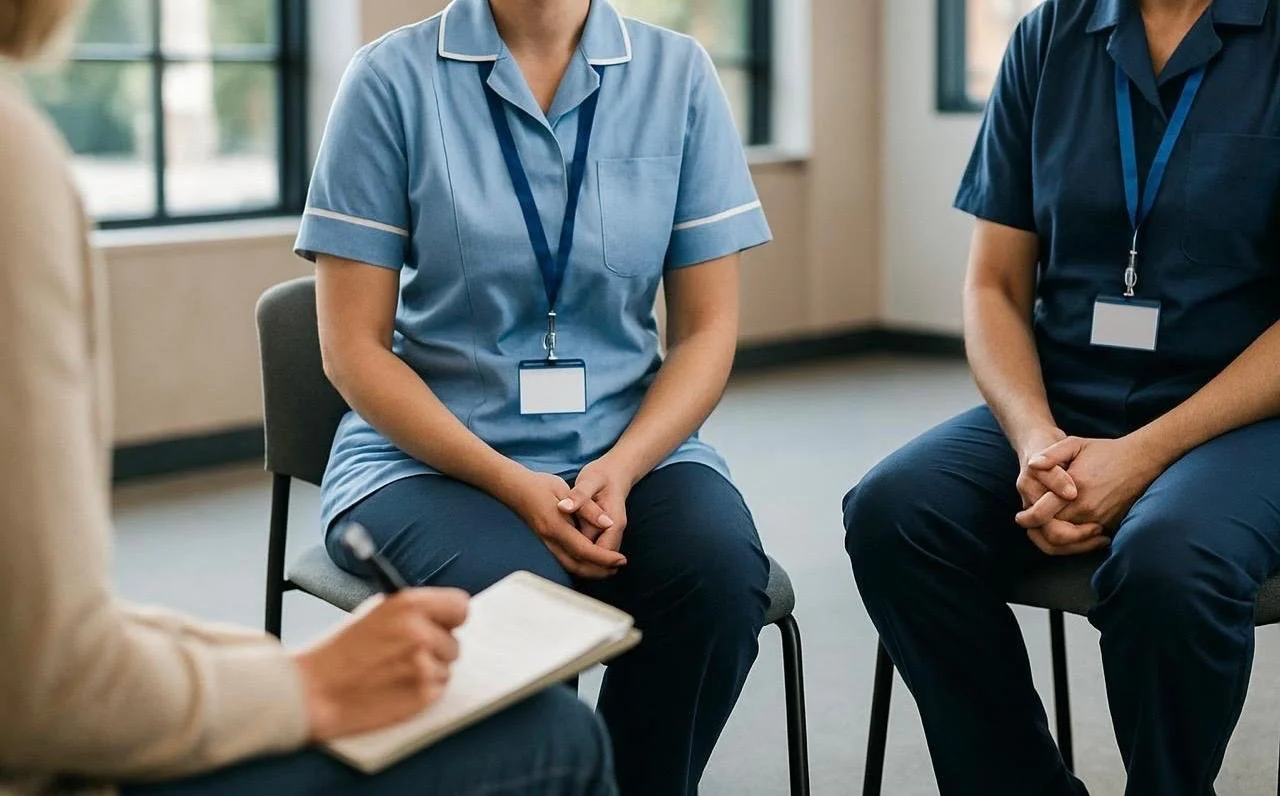 Two healthcare professionals are sitting during a consultation, taking notes. NHS or any healthcare professional staff meeting, or group session