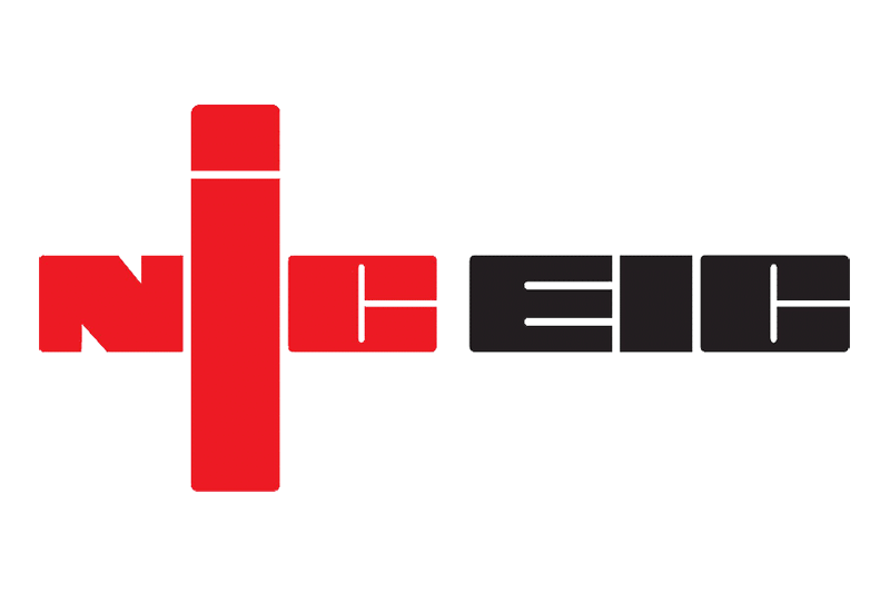Close-up of a red and black logo with the text 'NICEIC' in stylized font.