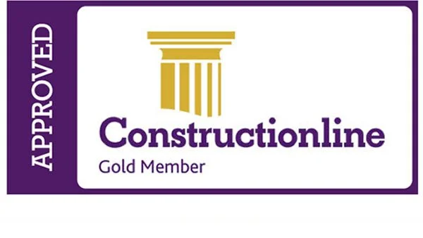 Constructionline gold member certification badge with purple border and a gold column icon.