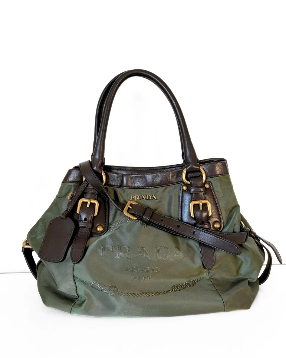 Prada Kahki Green Embroidered Jaquard Logo Brown Leather Bag 00's