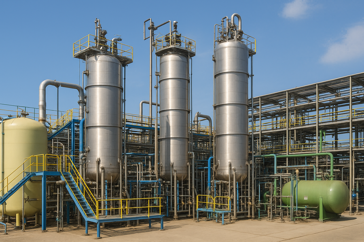 Industrial plant with tall stainless steel tanks, pipes, and yellow safety railings against a blue sky.