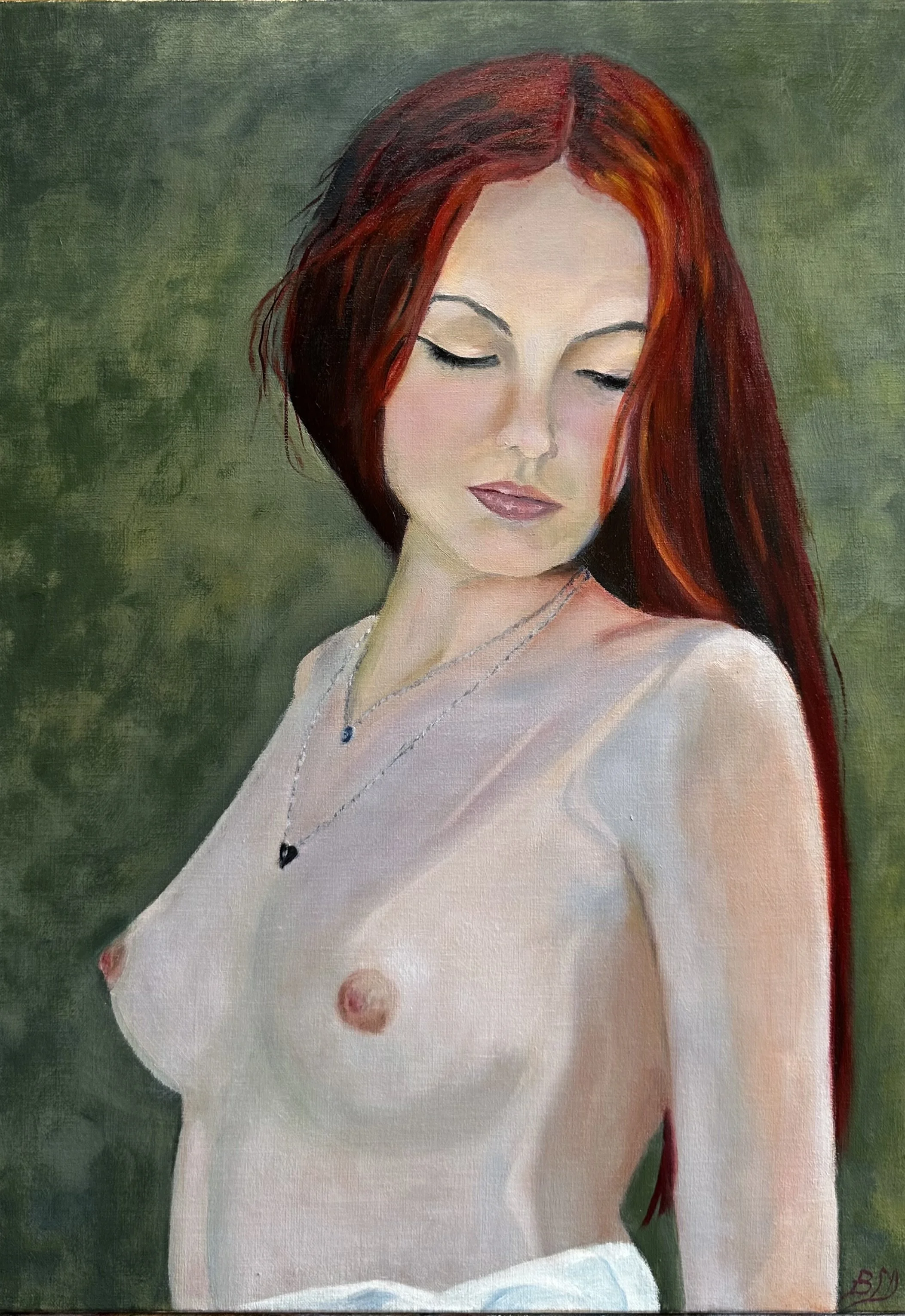Original oil painting of a lovely red haired woman topless. The sun is catching her side making her pale skin shine.