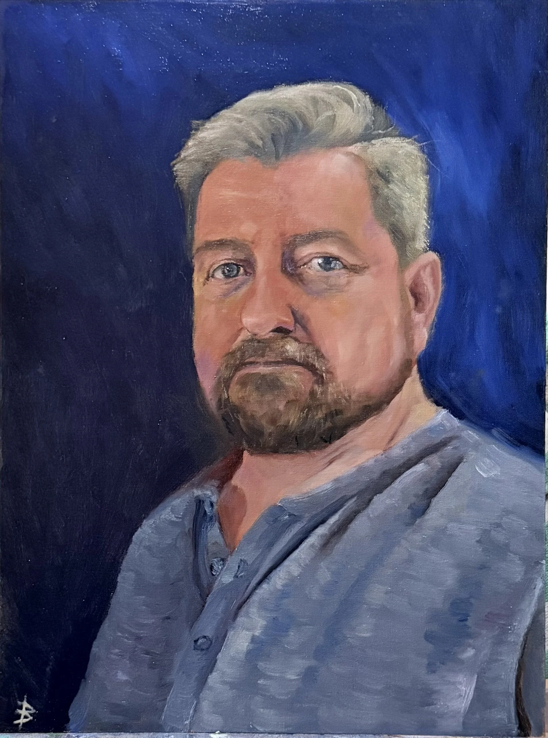 A realistic portrait painting of a man with light skin, grayish hair, blue eyes, and a beard, wearing a gray shirt against a dark blue background.