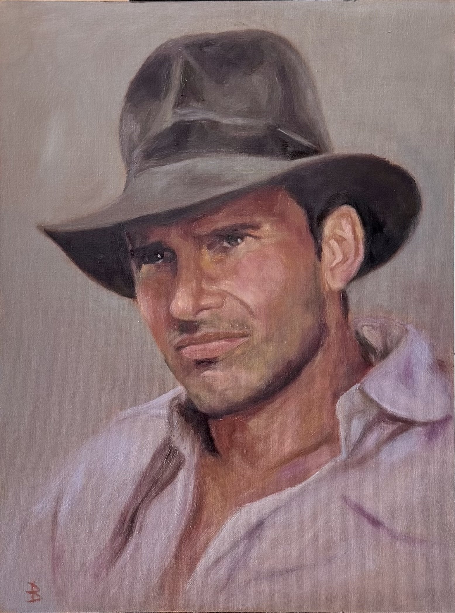 This is a cinematic and expressive oil painting portrait study of Harrison Ford as the legendary adventurer Indiana Jones. Captured in a classic painterly style, the artwork emphasizes the rugged character and determined gaze that defined the iconic 