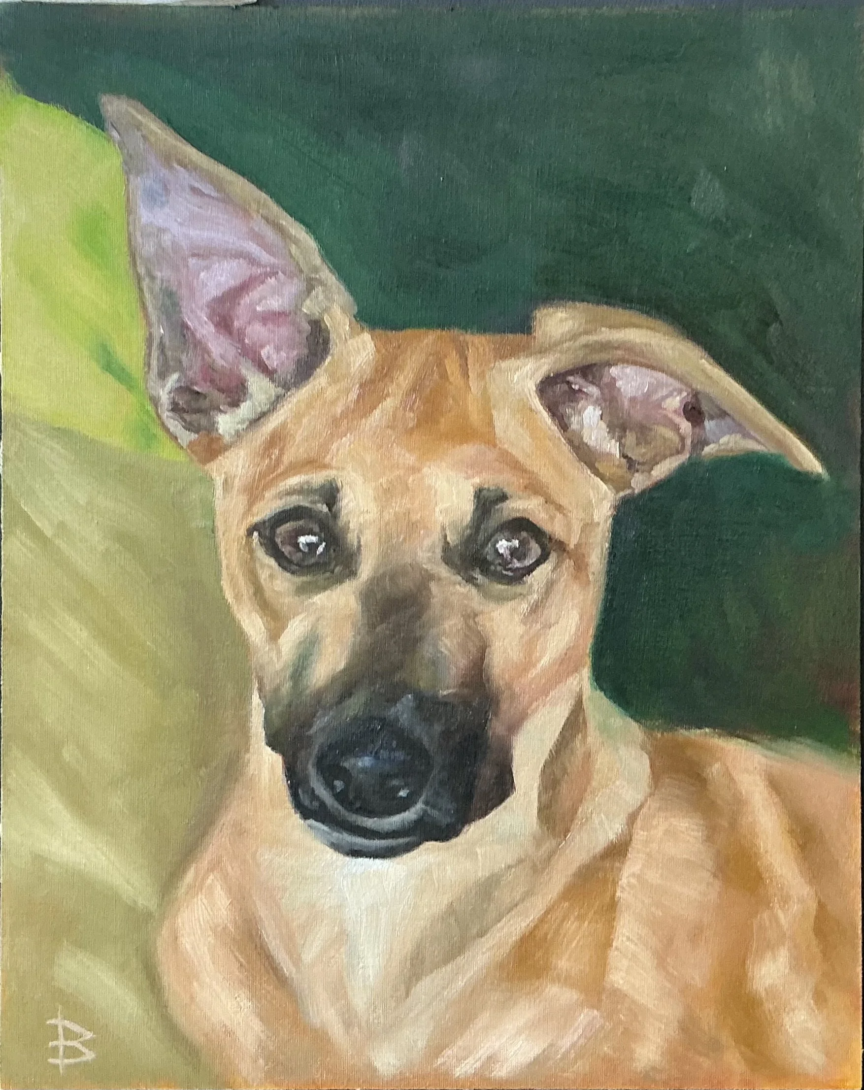Painting of a dog who has been called from his slumber.
