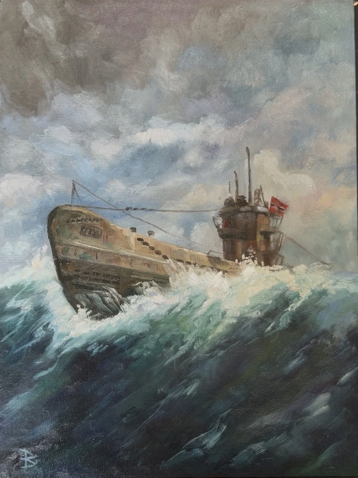 Oil painting of a German U-Boat breaching a wave during World War II