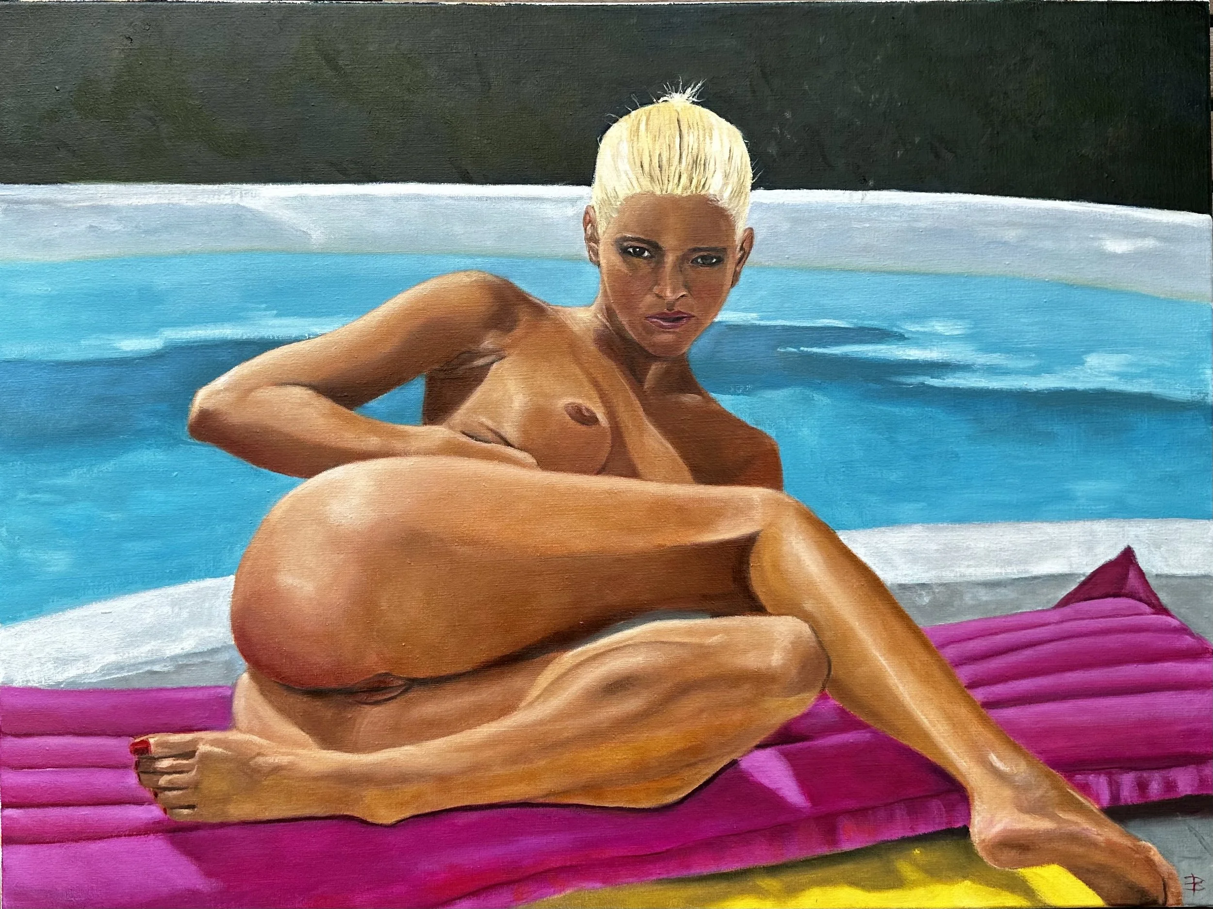 Large original oil painting go a nude at the poolside. Vivid colour use to make a statement piece. 
