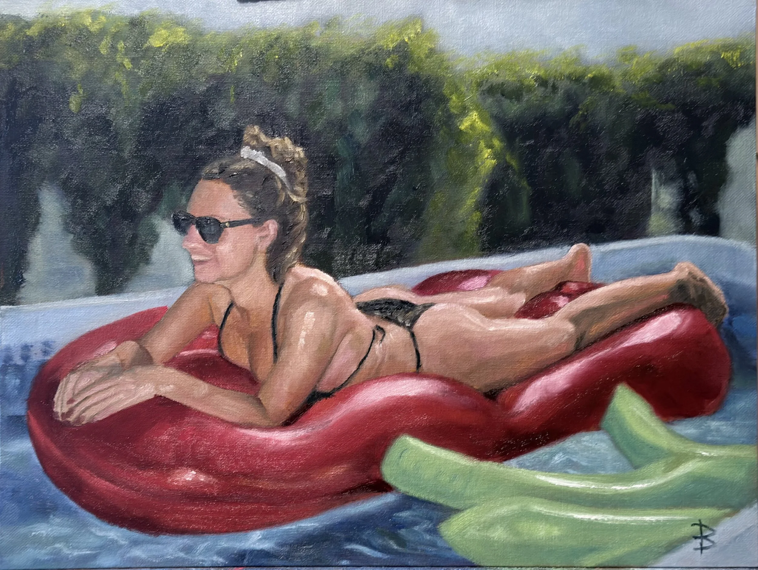 Oil painting of a young woman lying on a lilo in a garden pool while enjoying the sun.