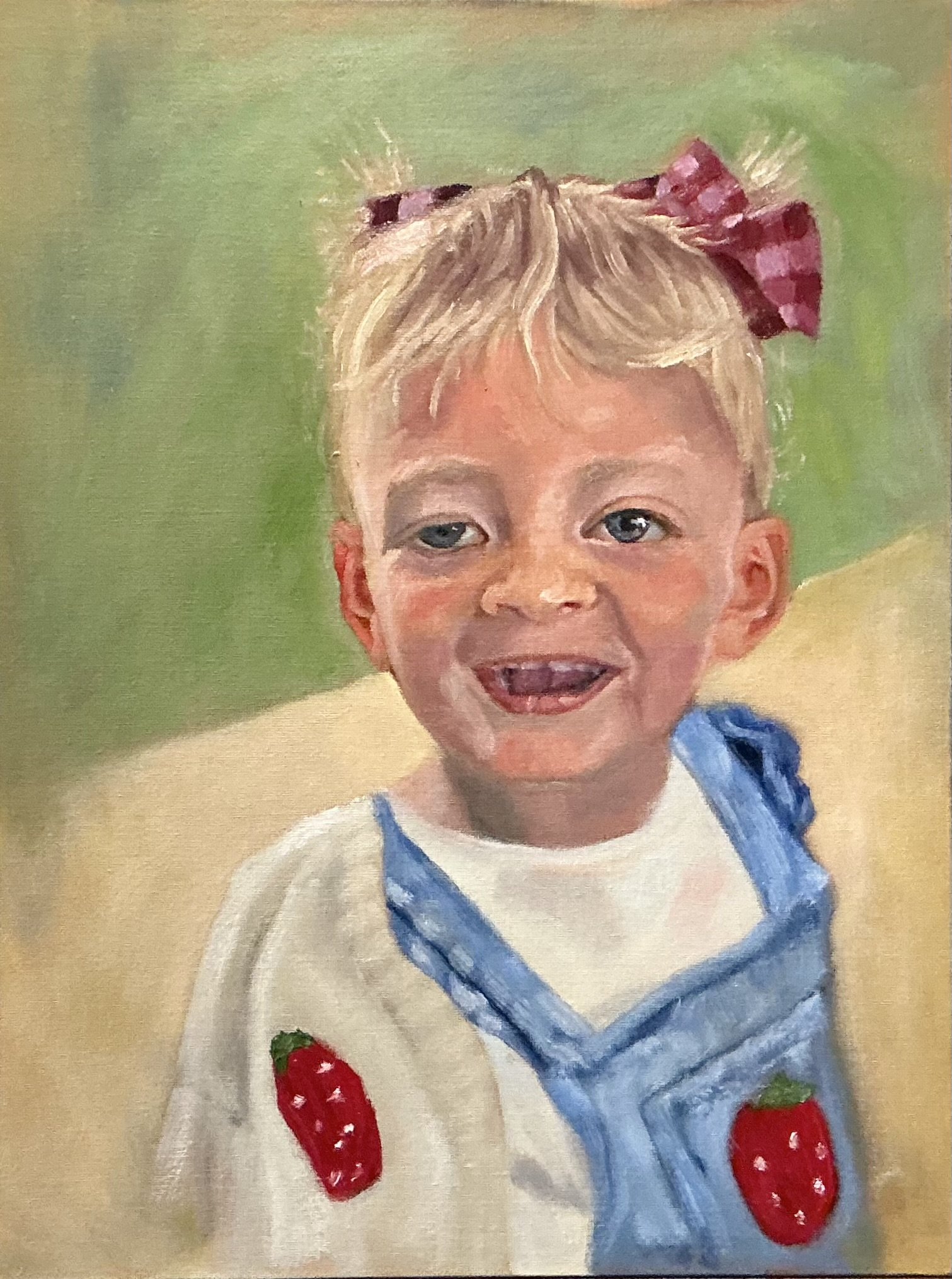 Esmae, painting of a young happy girl having fun with her family. Light colour palette to convey a summers day.