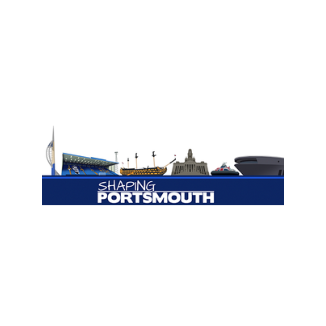 Illustration of various Portsmouth landmarks and ships with the text "Shaping Portsmouth" at the bottom.