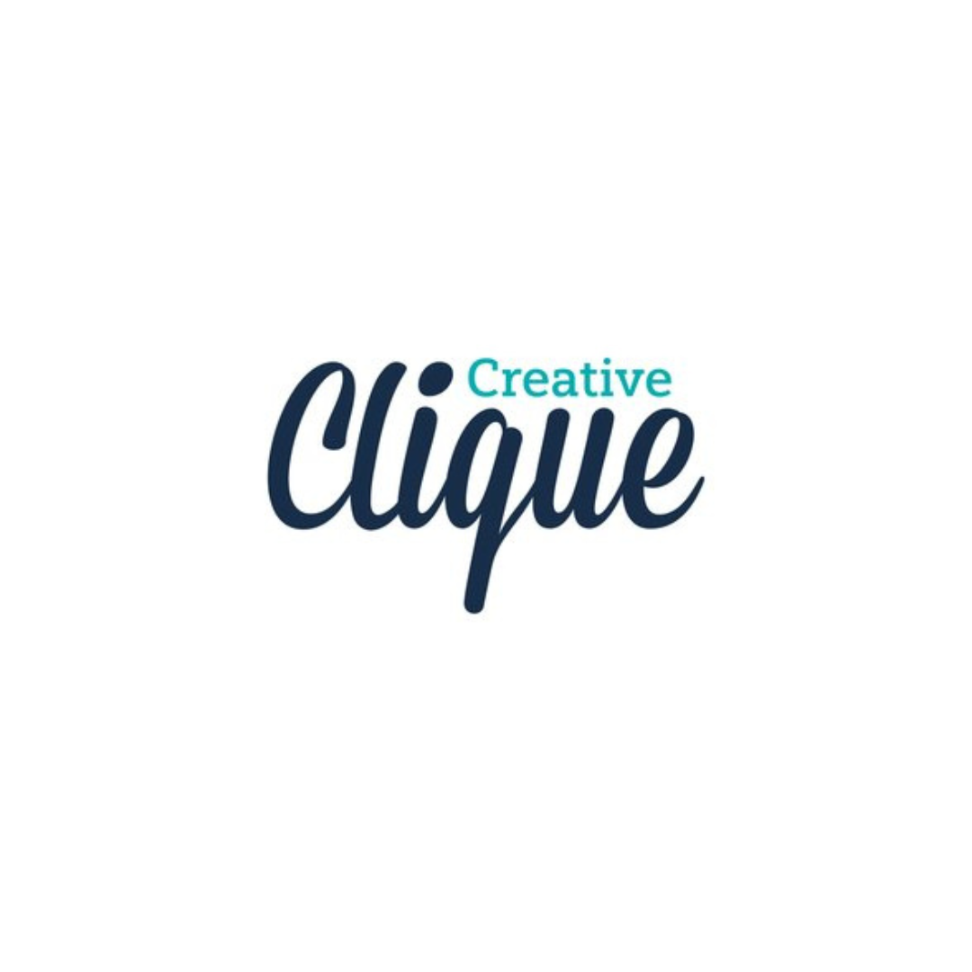 Logo with the words "Creative Clique" in scripted font, "Creative" in teal and "Clique" in navy blue, on a white background.