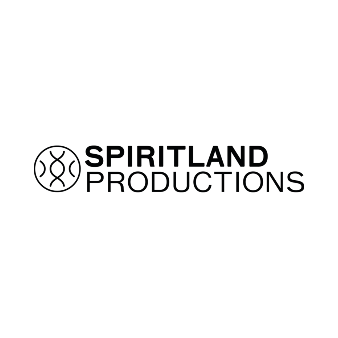 Black and white logo for Spiritland Productions featuring a circular symbol with abstract lines and the text 'Spitritland Productions' next to it.