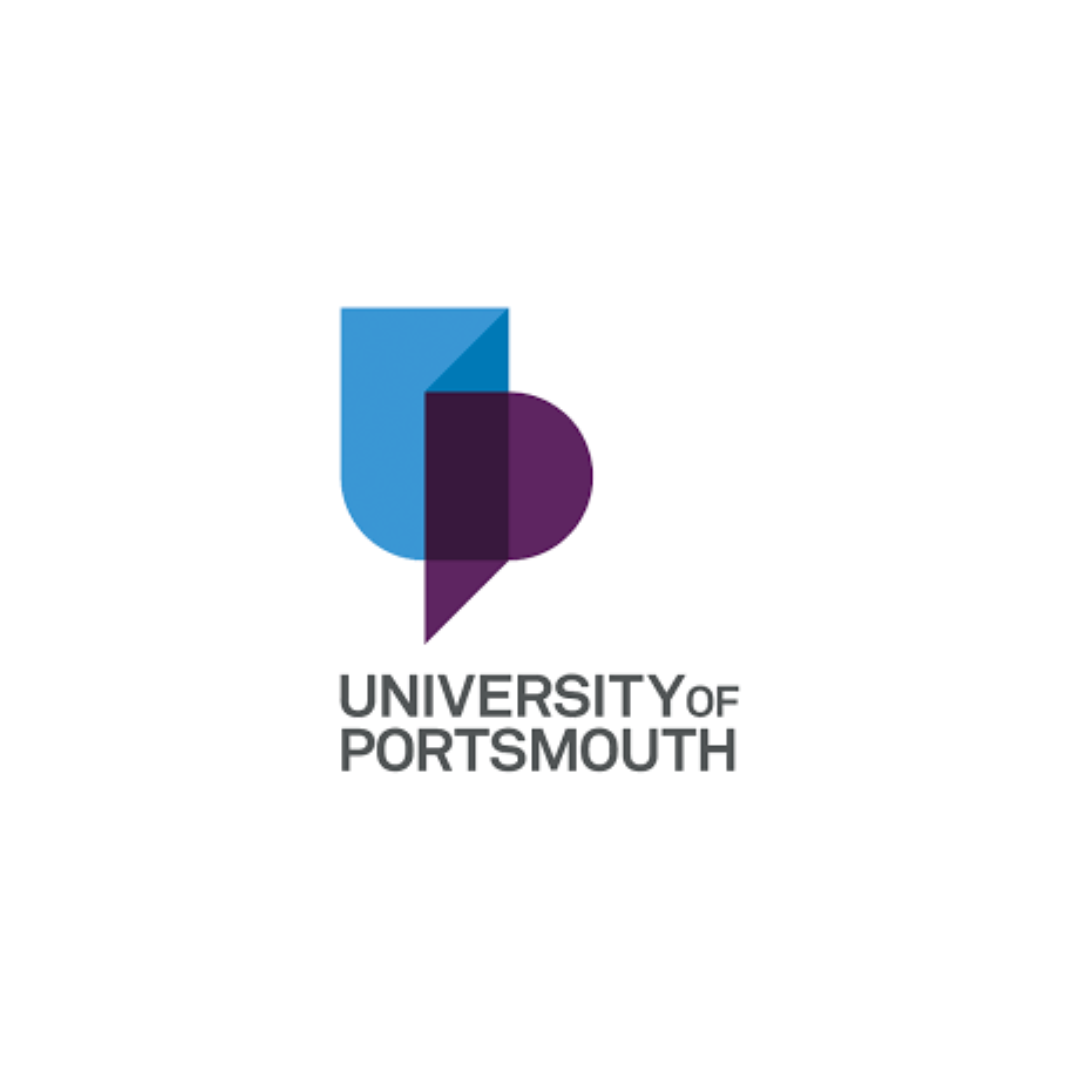 Logo of the University of Portsmouth featuring blue and purple geometric shapes with the university name below.